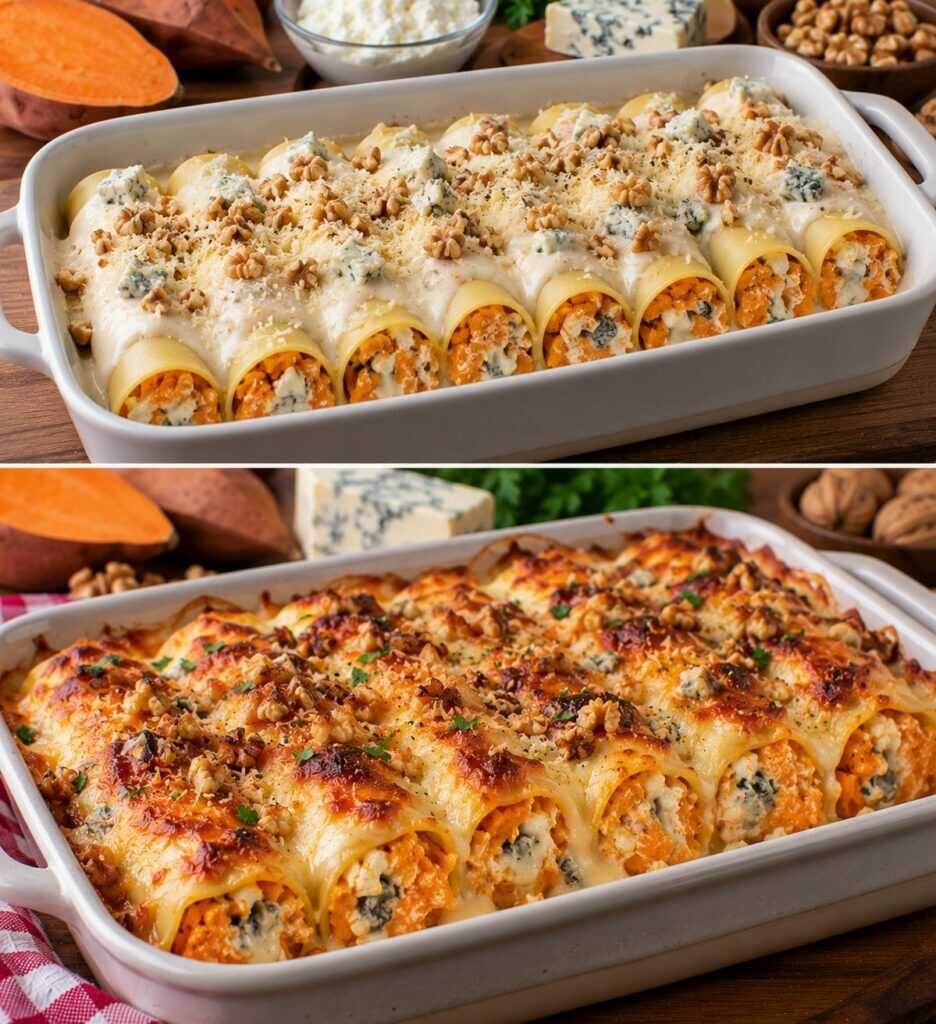Cannelloni Ripieni di Patate Dolci, Ricotta e Gorgonzola con Noci Croccanti: Cremosi, Gratinati e Irresistibili