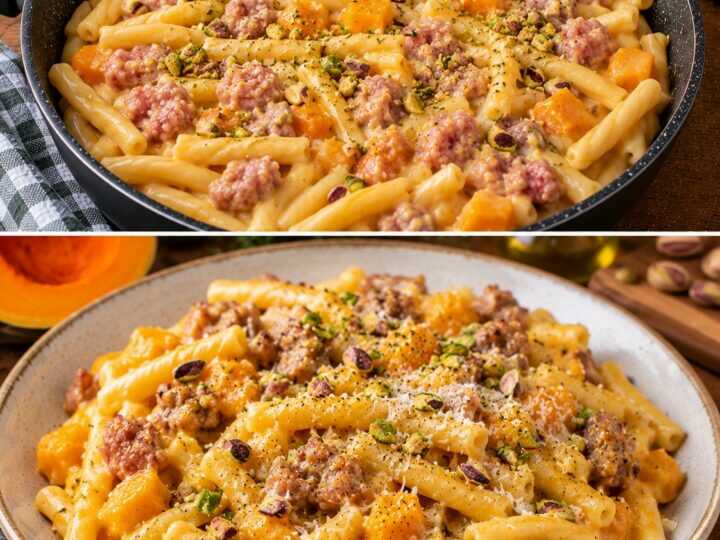 🍝 Casarecce con Crema di Zucca, Salsiccia e Pistacchi Tostati