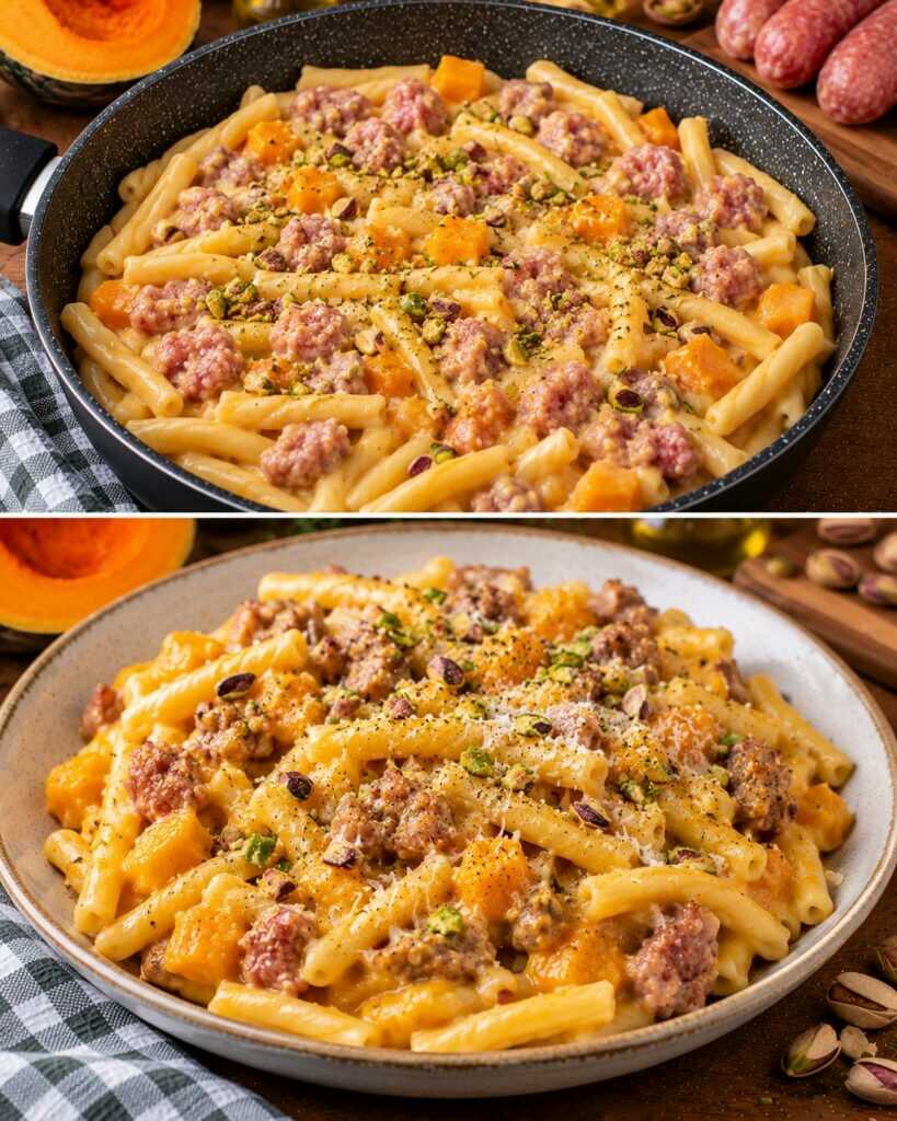 🍝 Casarecce con Crema di Zucca, Salsiccia e Pistacchi Tostati