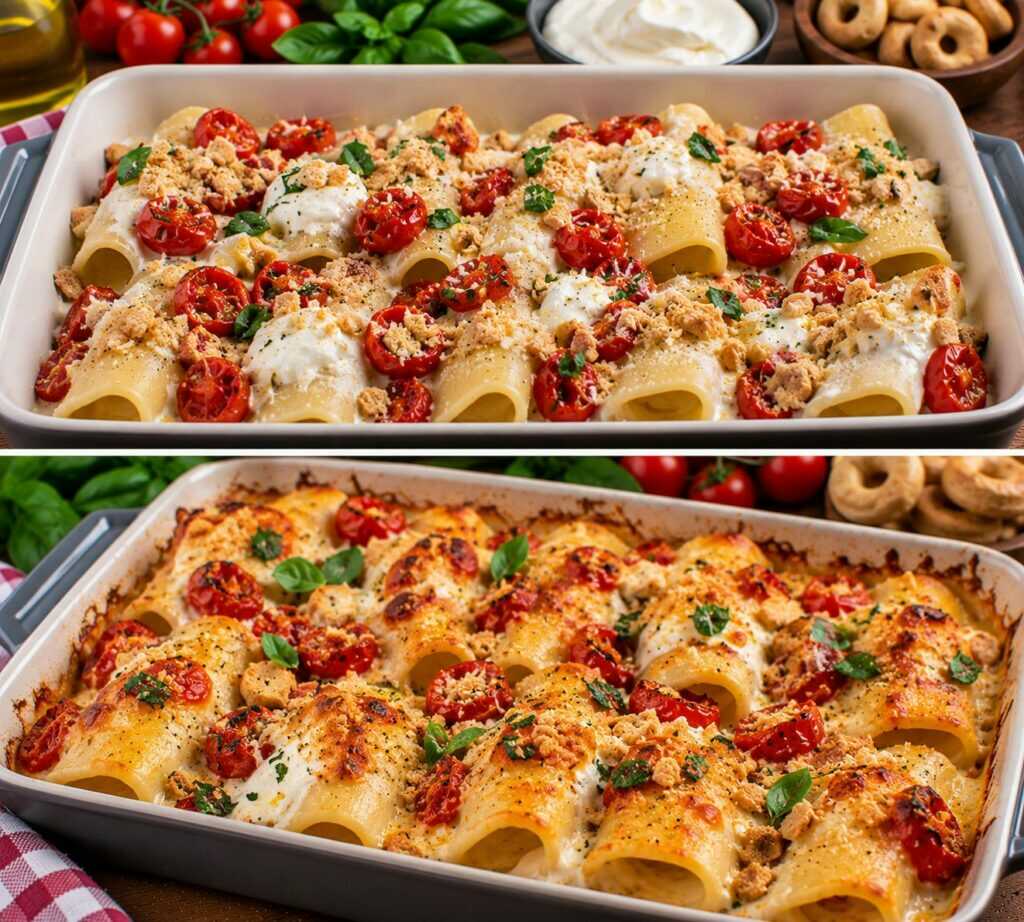 🍝 Paccheri con Crema di Burrata, Pomodorini Arrostiti e Granella di Taralli 🍅