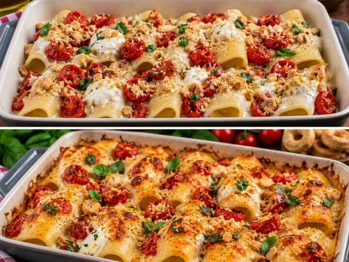 🍝 Paccheri con Crema di Burrata, Pomodorini Arrostiti e Granella di Taralli 🍅