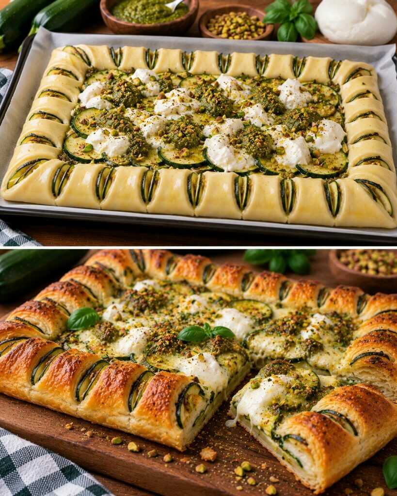 Sfogliata Salata con Zucchine, Pesto di Pistacchi e Burrata