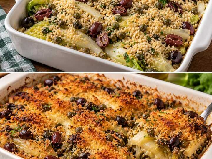 Scarola Gratinata con Olive, Capperi e Mollica Croccante