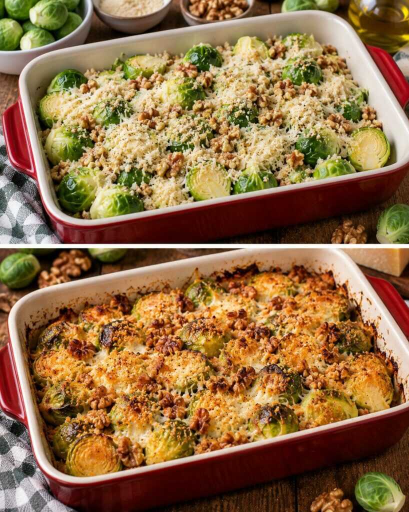 Cavolini di Bruxelles Gratinati con Parmigiano, Noci e Pangrattato