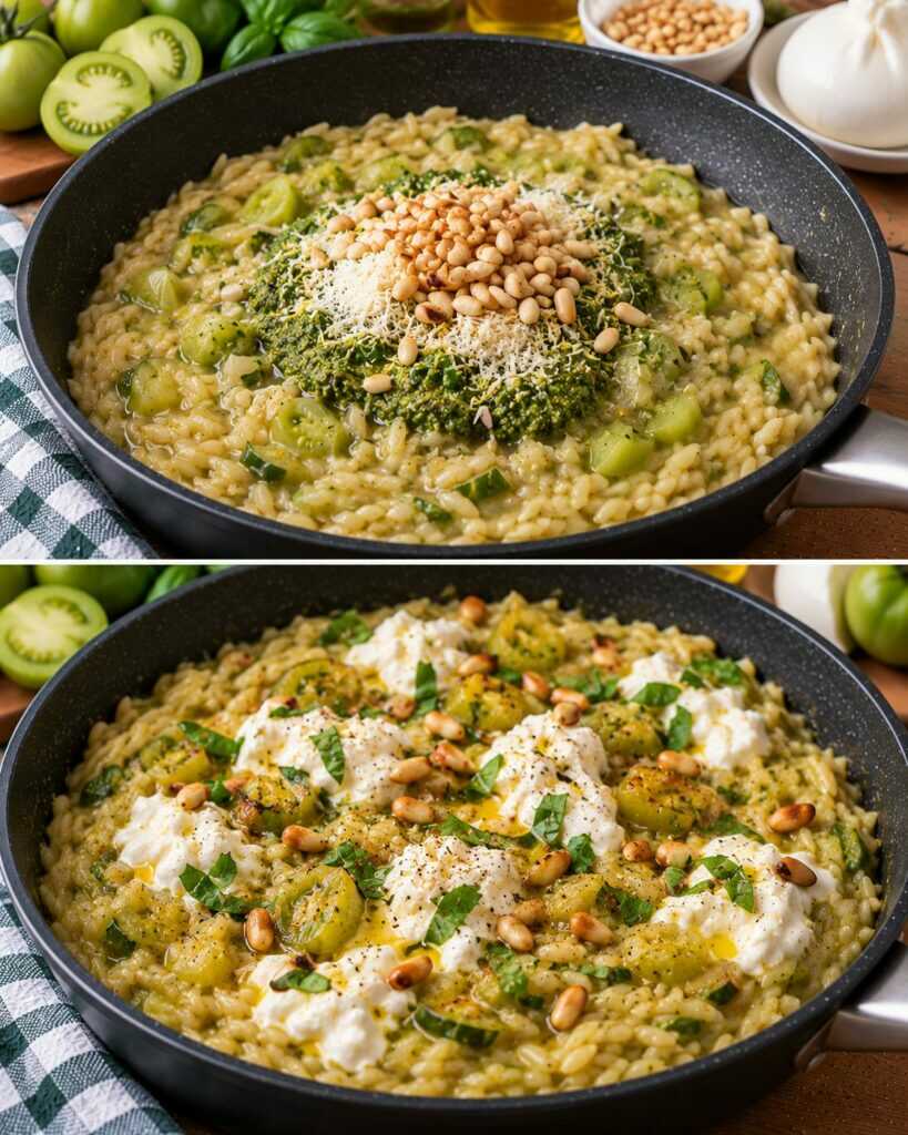 Orzotto al Pesto di Pomodori Verdi con Burrata e Pinoli Tostati