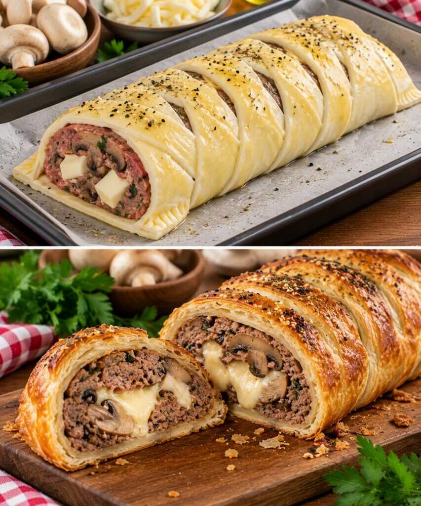 Polpettone di Manzo in Crosta di Sfoglia con Funghi e Scamorza