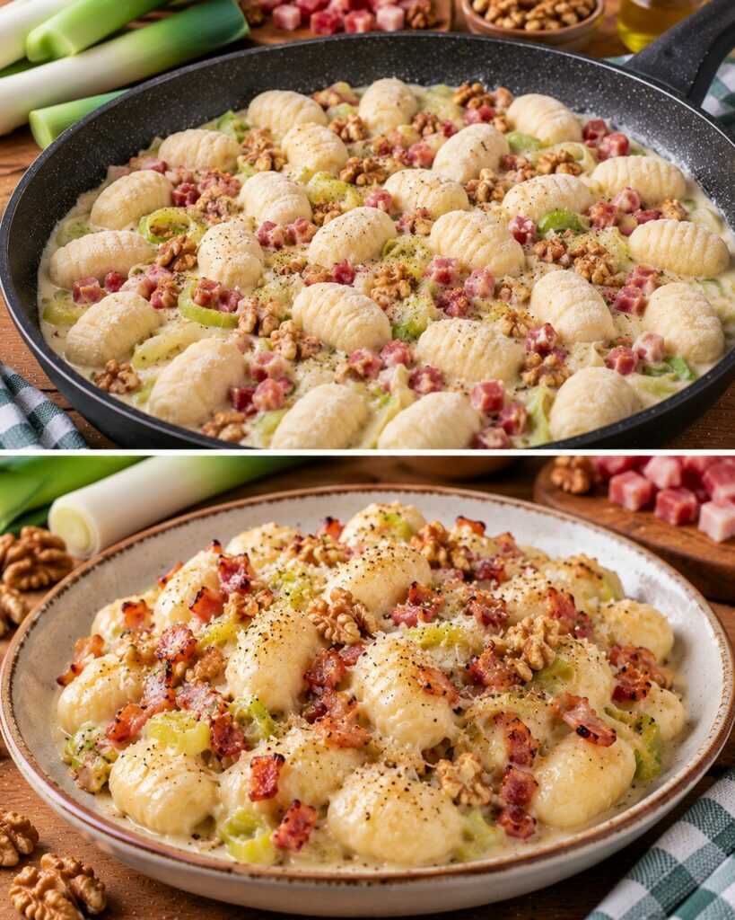 Gnocchi di Ricotta con Crema di Porri, Pancetta e Noci