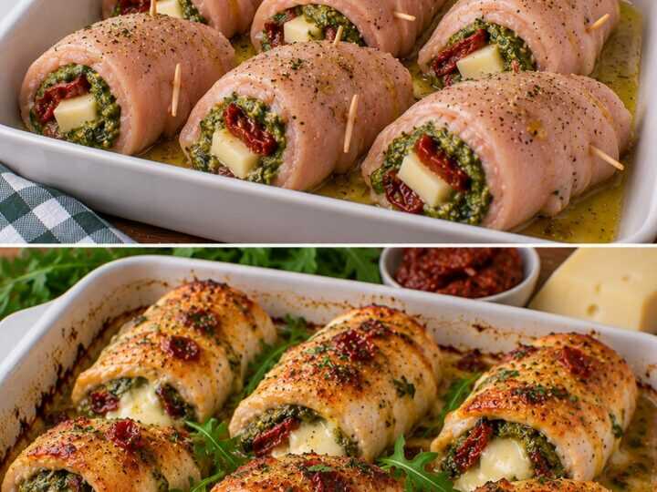 Involtini di Tacchino con Pesto di Rucola, Pomodori Secchi e Asiago