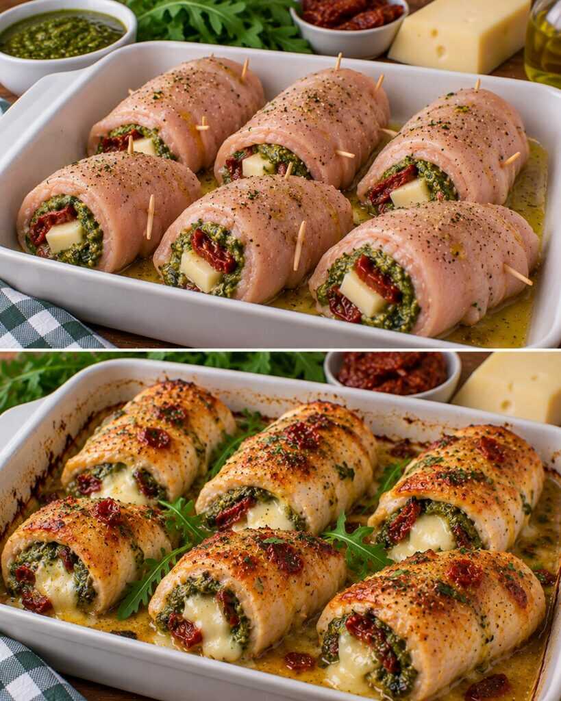 Involtini di Tacchino con Pesto di Rucola, Pomodori Secchi e Asiago