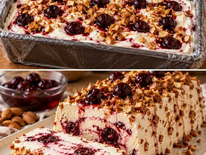 Semifreddo alla Ricotta con Amarene Sciroppate e Croccante di Mandorle