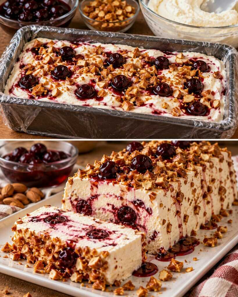 Semifreddo alla Ricotta con Amarene Sciroppate e Croccante di Mandorle