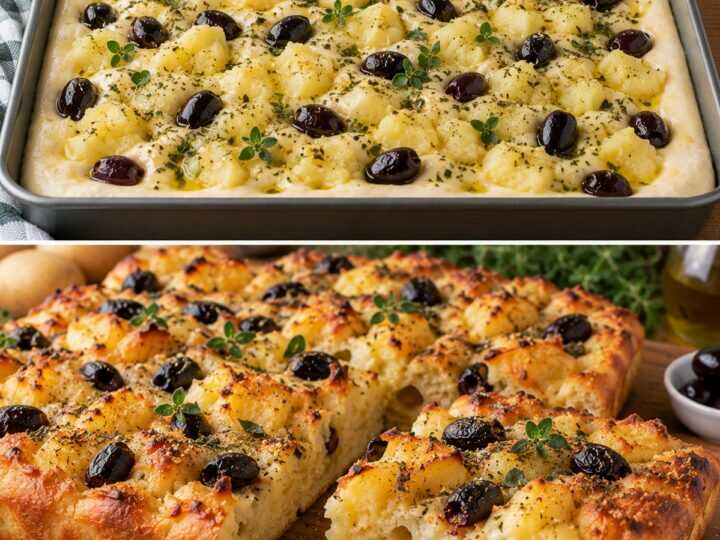 Focaccia di Semola con Patate Schiacciate, Olive Nere e Origano Selvatico