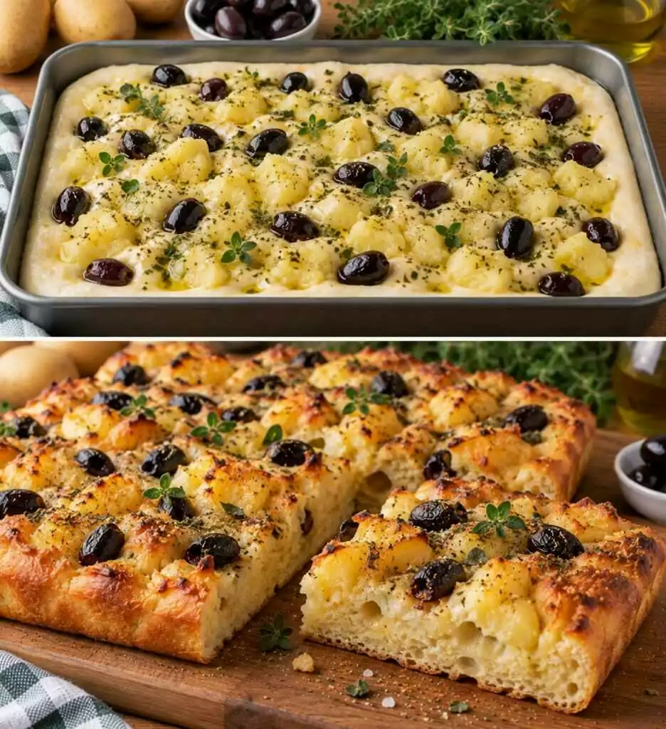 Focaccia di Semola con Patate Schiacciate, Olive Nere e Origano Selvatico