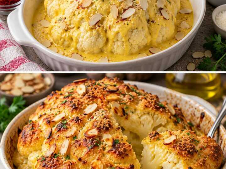 Cavolfiore Dorato al Forno con Salsa allo Zafferano e Mandorle Croccanti