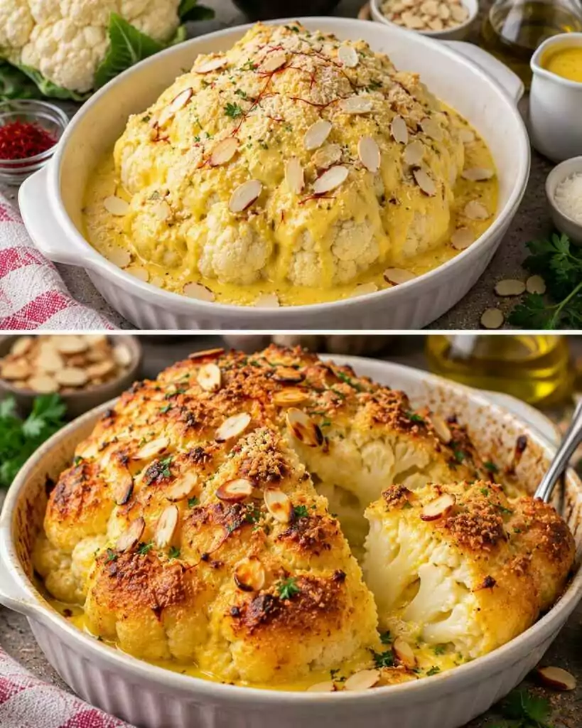 Cavolfiore Dorato al Forno con Salsa allo Zafferano e Mandorle Croccanti
