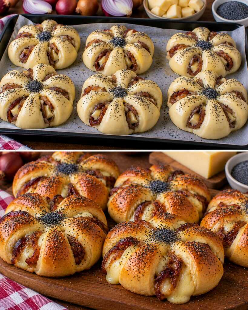 Panini a Fiore con Cipolle Caramellate, Fontina e Semi di Papavero