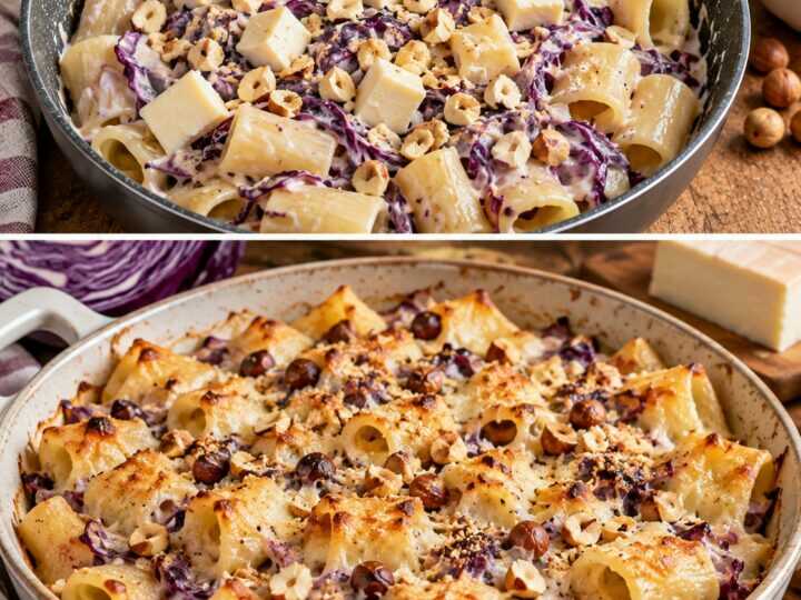 Mezzi Paccheri con Crema di Cavolo Cappuccio, Taleggio e Nocciole