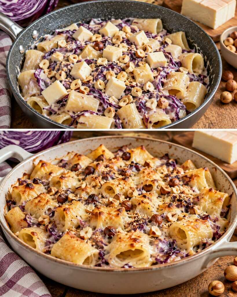 Mezzi Paccheri con Crema di Cavolo Cappuccio, Taleggio e Nocciole