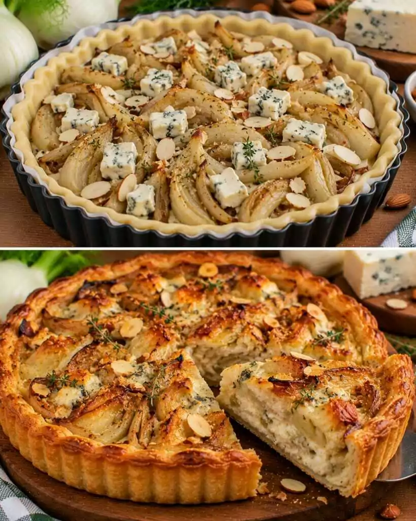 Torta Salata con Finocchi Caramellati, Gorgonzola e Mandorle