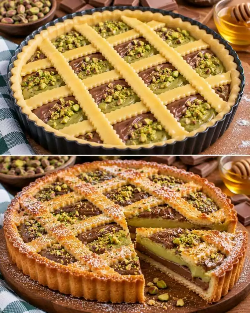 Crostata al Miele con Crema di Pistacchi e Cioccolato al Latte