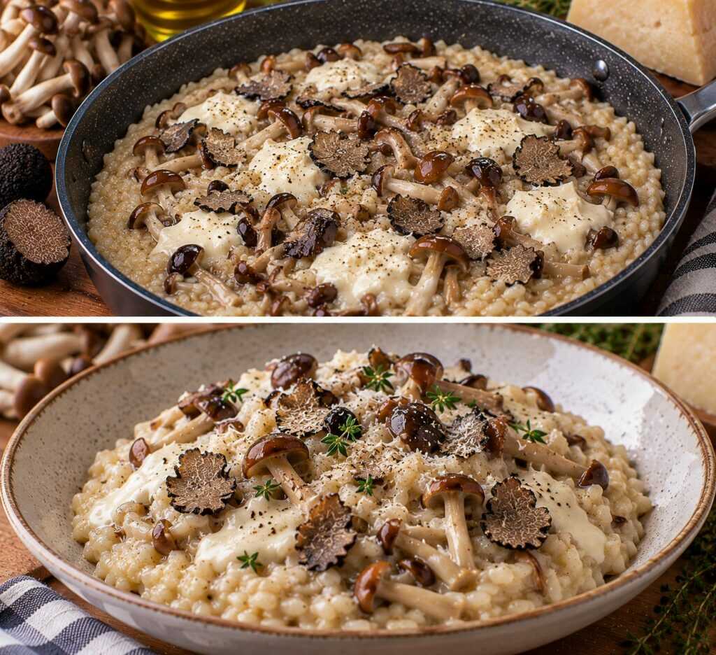 Risotto al Tartufo Nero con Fonduta di Parmigiano e Funghi Pioppini