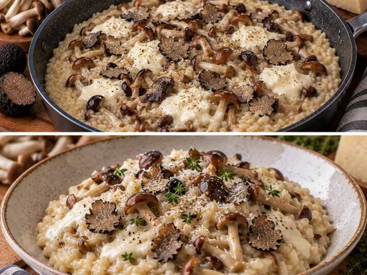 Risotto al Tartufo Nero con Fonduta di Parmigiano e Funghi Pioppini
