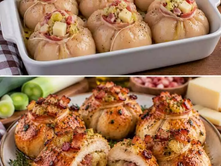 Fagottini di Pollo con Porri, Pancetta e Cuore di Fontina