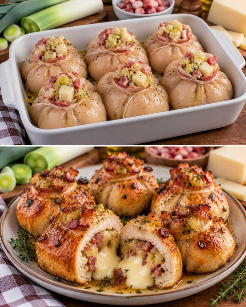 Fagottini di Pollo con Porri, Pancetta e Cuore di Fontina