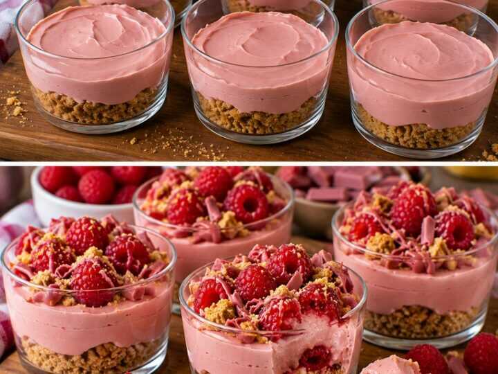 Coppe Cremose al Cioccolato Ruby con Lamponi e Crumble di Biscotti