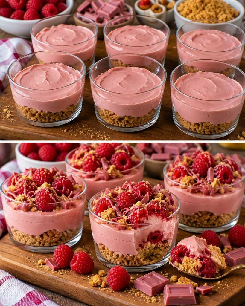 Coppe Cremose al Cioccolato Ruby con Lamponi e Crumble di Biscotti