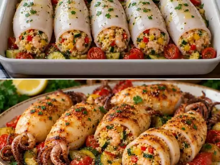 Calamari Ripieni di Cous Cous, Gamberetti e Verdure Croccanti: Un Secondo di Mare Colorato e Irresistibile