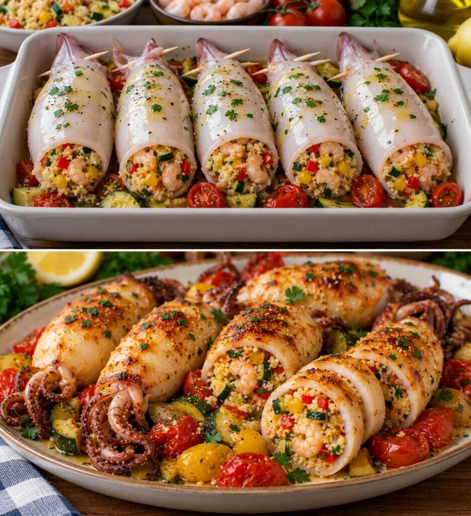 Calamari Ripieni di Cous Cous, Gamberetti e Verdure Croccanti: Un Secondo di Mare Colorato e Irresistibile