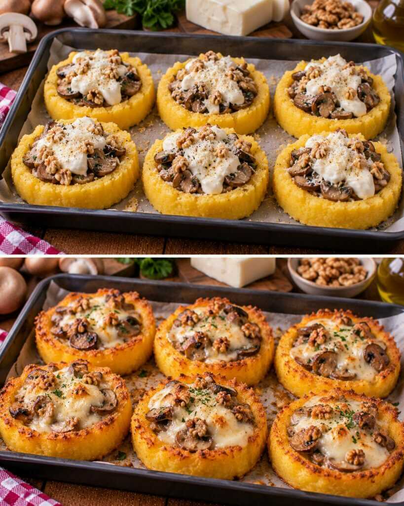 Cestini di Polenta Croccante con Funghi, Stracchino e Noci