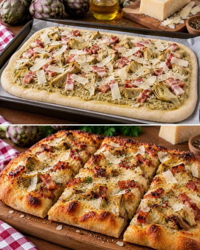 Pizza alla Pala con Crema di Carciofi alla Romana, Guanciale e Pecorino