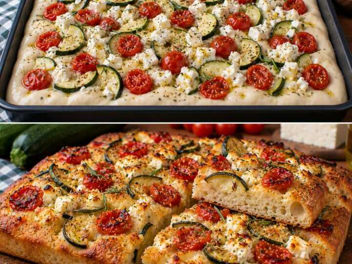 Focaccia Croccante con Zucchine, Feta e Pomodorini Confit: Dorata Fuori, Soffice Dentro e Ricca di Gusto