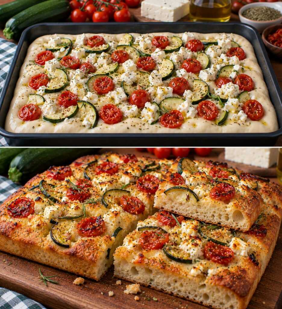 Focaccia Croccante con Zucchine, Feta e Pomodorini Confit: Dorata Fuori, Soffice Dentro e Ricca di Gusto