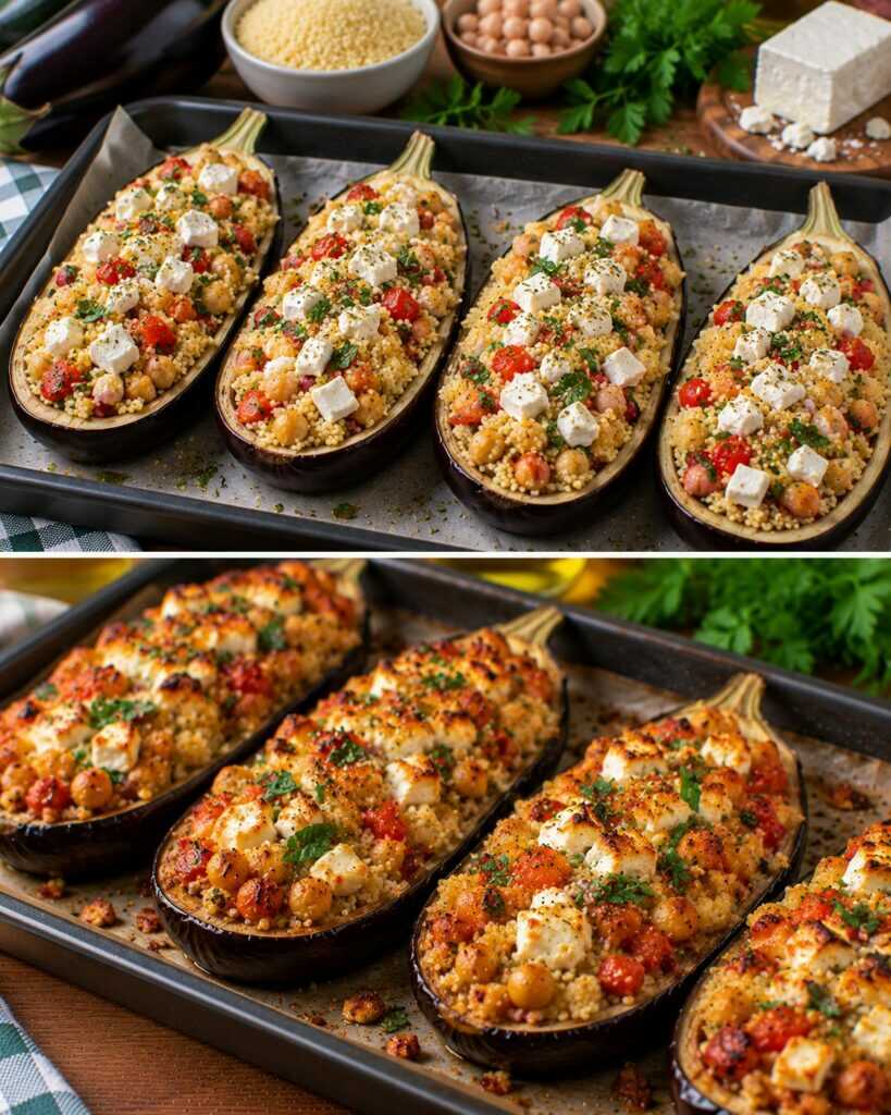 Melanzane Ripiene di Cous Cous, Ceci Speziati e Feta
