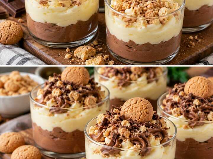 Mousse alla Gianduia con Crema di Vaniglia e Granella di Amaretti