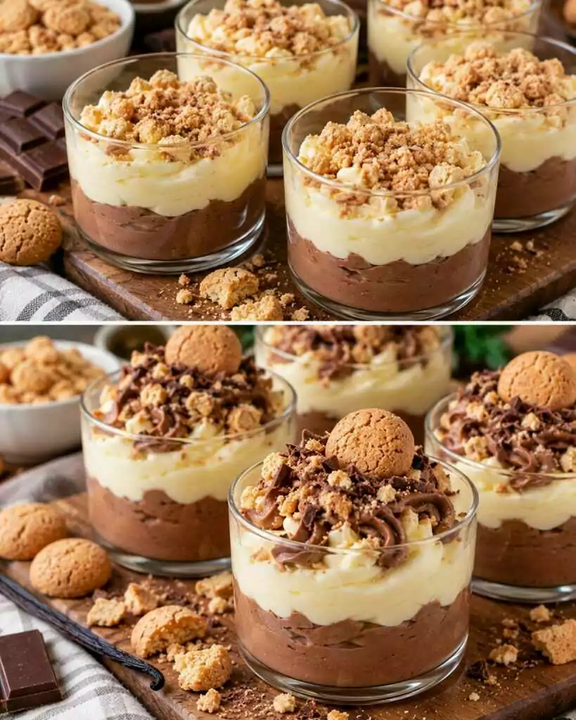 Mousse alla Gianduia con Crema di Vaniglia e Granella di Amaretti