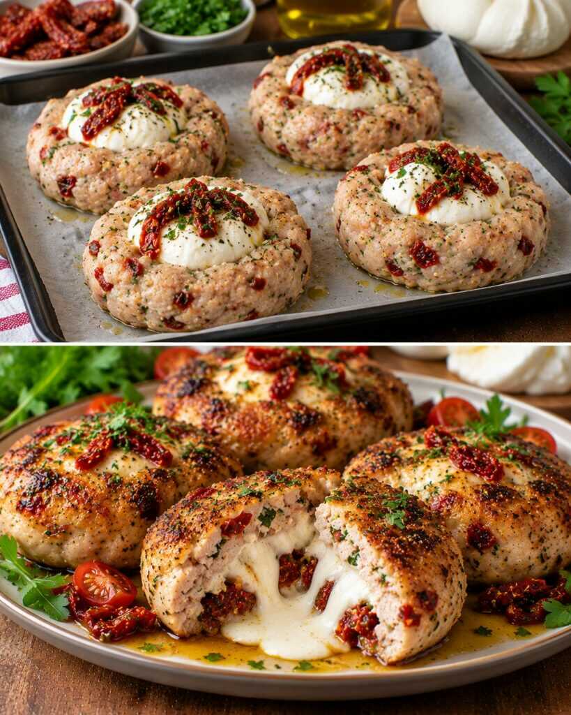 Hamburger di Pollo con Cuore di Burrata e Pomodori Secchi