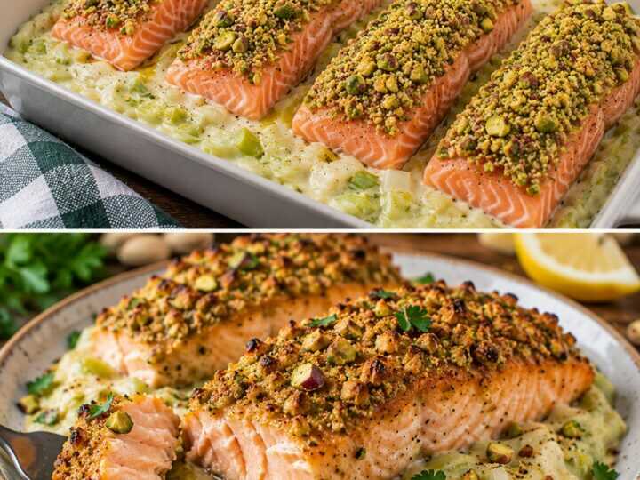 Salmone in Crosta di Pistacchi con Crema di Porri