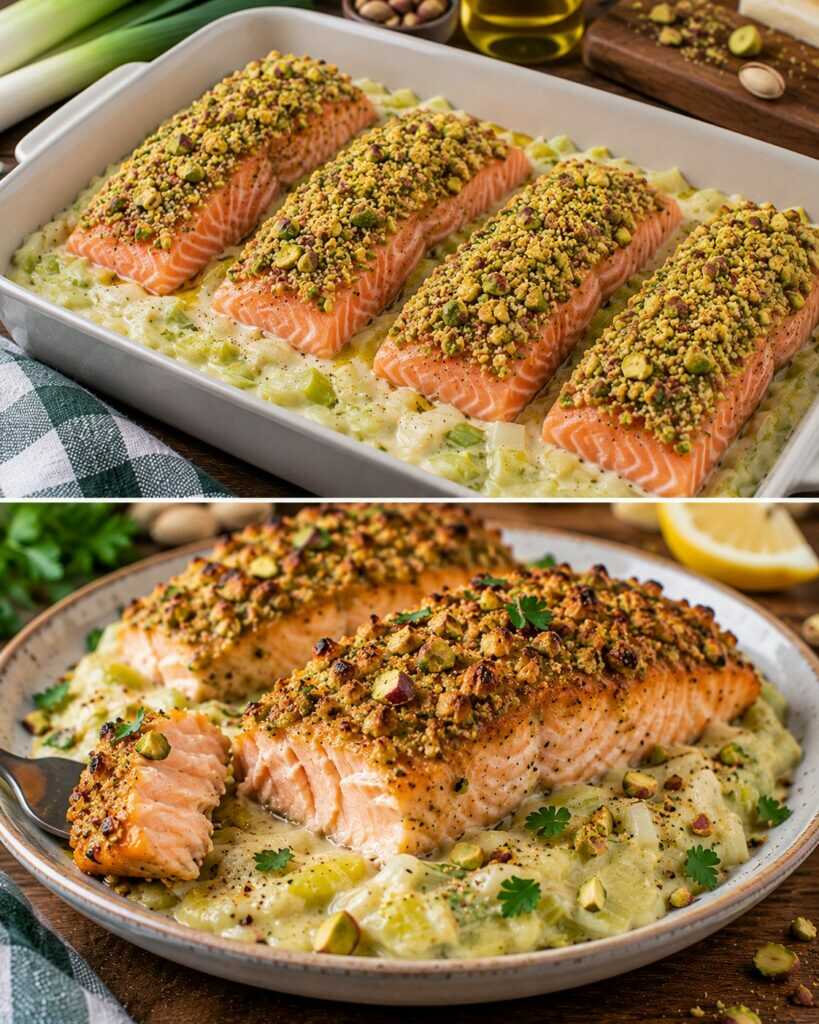 Salmone in Crosta di Pistacchi con Crema di Porri