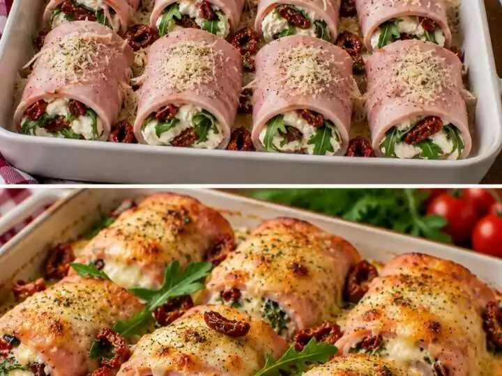 Involtini di Prosciutto Cotto con Mousse di Ricotta, Rucola e Pomodori Secchi