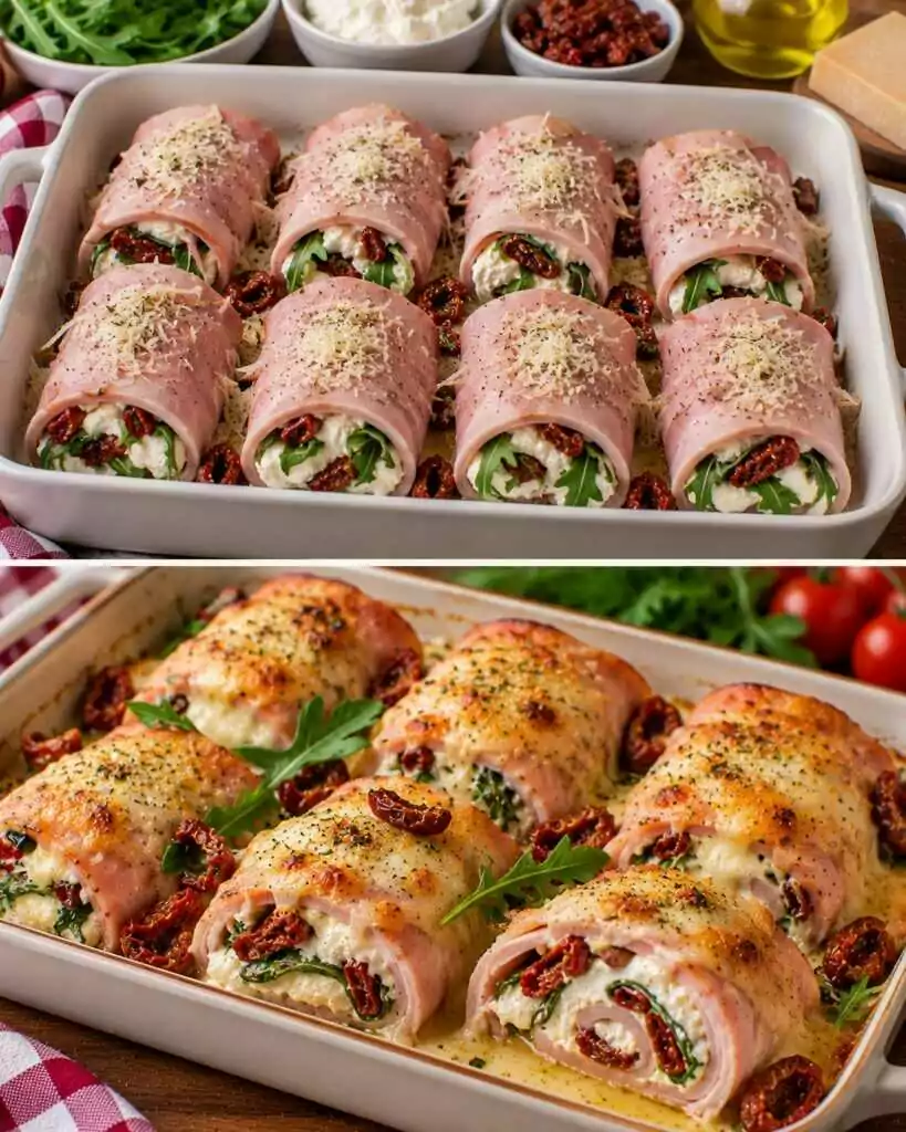 Involtini di Prosciutto Cotto con Mousse di Ricotta, Rucola e Pomodori Secchi