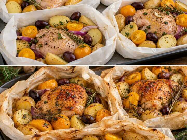 Pollo al Cartoccio con Patate Novelle, Olive Taggiasche e Pomodorini Gialli