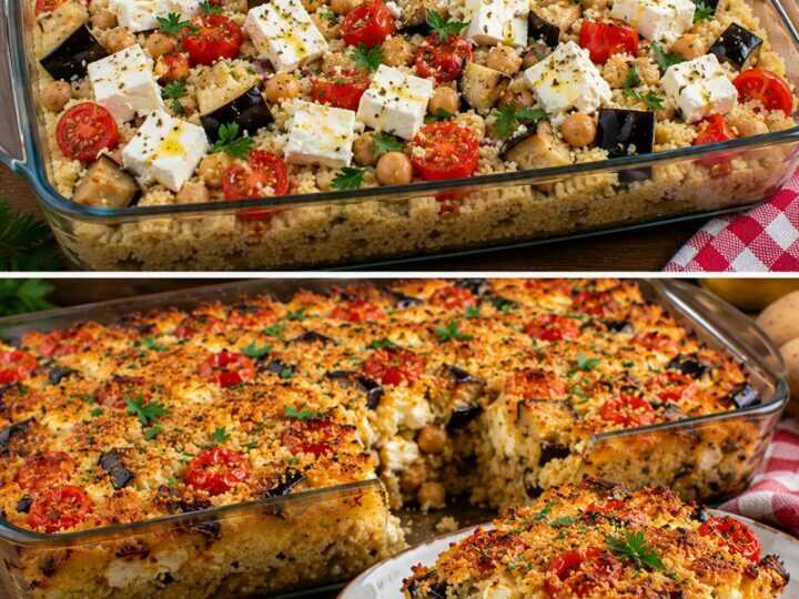 Cous Cous Croccante al Forno con Melanzane, Ceci e Cuore di Feta