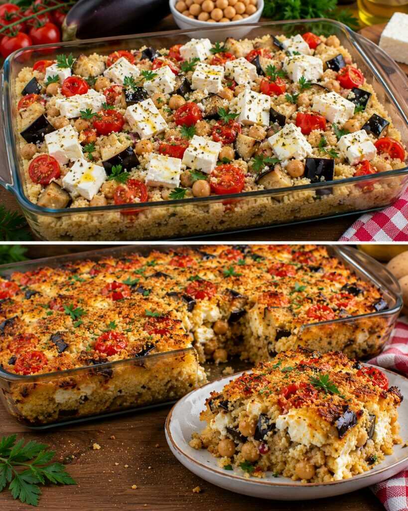 Cous Cous Croccante al Forno con Melanzane, Ceci e Cuore di Feta