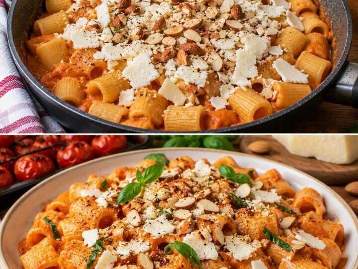 Mezze Maniche con Crema di Pomodori Arrosto, Ricotta Salata e Mandorle Croccanti