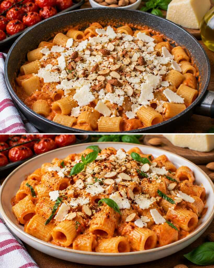Mezze Maniche con Crema di Pomodori Arrosto, Ricotta Salata e Mandorle Croccanti