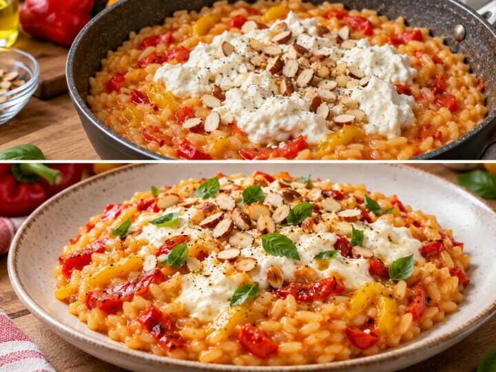 Risotto ai Peperoni Arrostiti con Stracciatella e Mandorle
